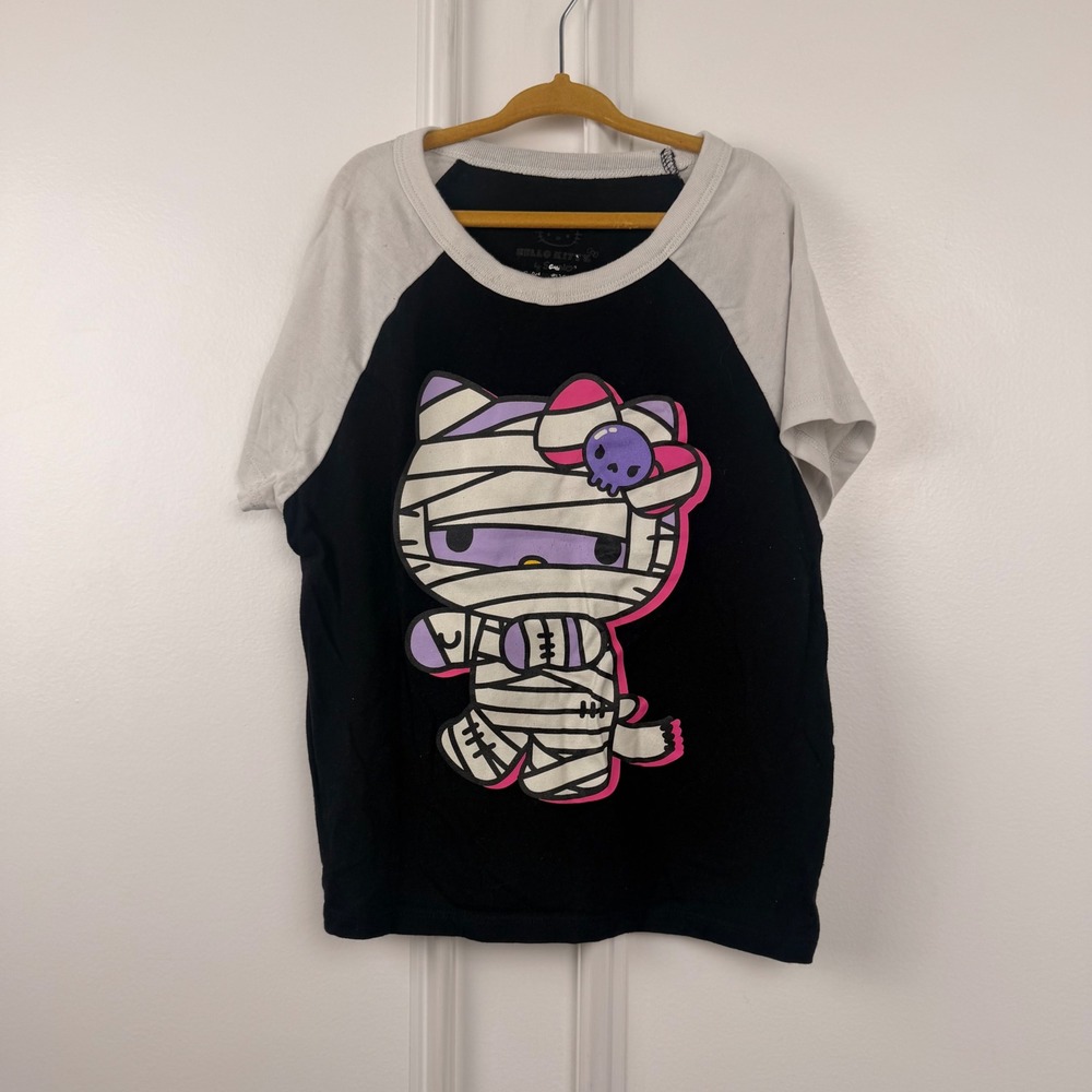 Hello Kitty Mummy Graphic T-Shirt Kids Large Black Grey Raglan Halloween Hybrid